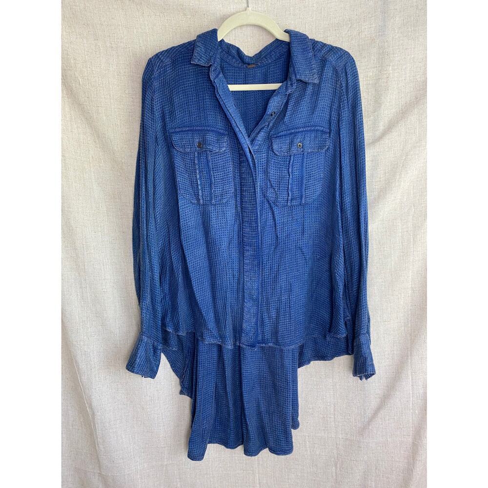 Free People Feel It Around Blue Button Down High Low Shirt Top Size XS